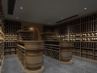 Spacious Wine Cellar Interior Design With Wooden Racks Barrels And Wine Bottles 3d model