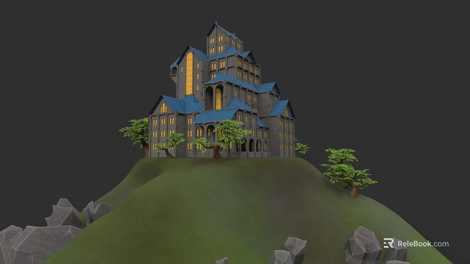 Detached Villa With Blue Roof Yellow Windows On Green Hill Surrounded By Trees And Rocks 3d model 