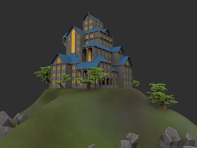 Detached Villa With Blue Roof Yellow Windows On Green Hill Surrounded By Trees And Rocks 3d model