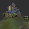 Detached Villa With Blue Roof Yellow Windows On Green Hill Surrounded By Trees And Rocks