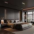 Contemporary Dark Toned Bedroom Interior With Comfortable Bed Bookshelf Window Chair And Ceiling Lighting