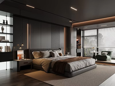 Contemporary Dark Toned Bedroom Interior With Comfortable Bed Bookshelf Window Chair And Ceiling Lighting 3d model