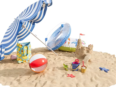 Beach Playground With Striped Umbrella Beach Ball And Sand Toys 3d model