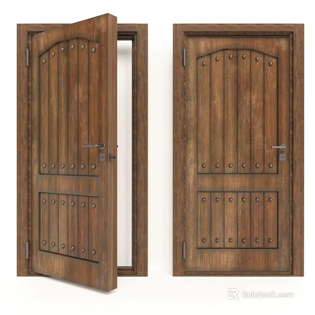 Traditional Brown Wooden Security Door With Metal Rivets And Decorative Design 3d model 