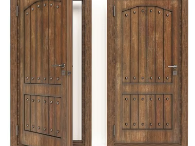 Traditional Brown Wooden Security Door With Metal Rivets And Decorative Design 3d model