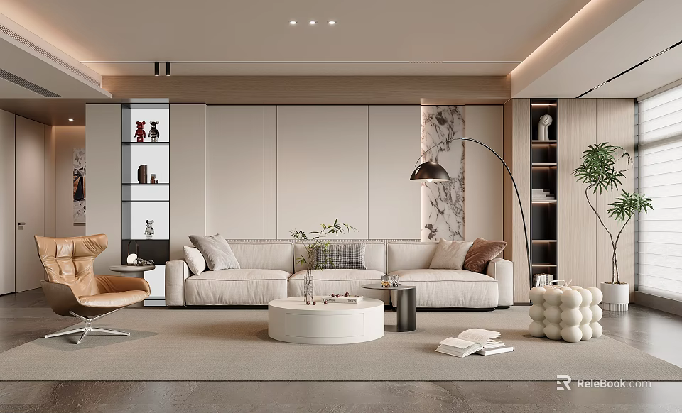 Modern Living Room Interior With Beige Sofa Round Coffee Table Floor Lamp And Decorative Items 3d model 