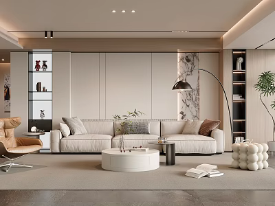 Modern Living Room Interior With Beige Sofa Round Coffee Table Floor Lamp And Decorative Items 3d model
