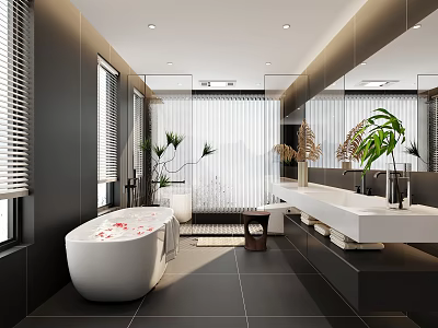 Modern Bathroom Interior With Black Walls White Bathtub Flower Petals Mirrors And Plants 3d model