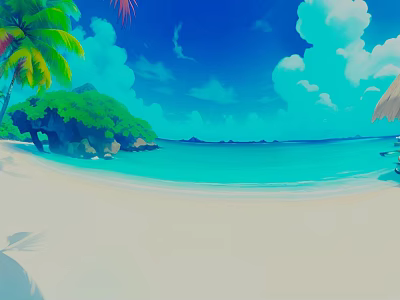 Cartoon Beach Scene With Palm Trees Blue Sky White Clouds And Turquoise Water 3d model