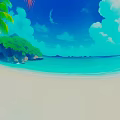 Cartoon Beach Scene With Palm Trees Blue Sky White Clouds And Turquoise Water