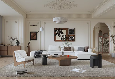 French Middle Ancient Living Room Sofa Coffee Table Combination Chandelier Side Cabinet Decorative Painting Single Chair 3d model