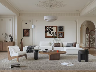 French Middle Ancient Living Room Sofa Coffee Table Combination Chandelier Side Cabinet Decorative Painting Single Chair 3d model