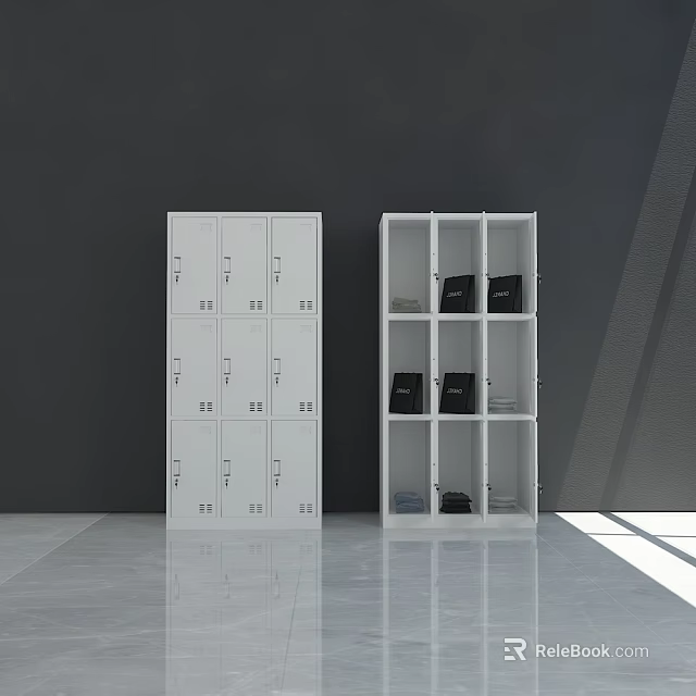 White Lockable Storage Cabinet And Open Shelf Unit With Black Items In Modern Room 3d model