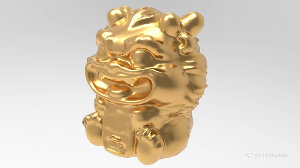 Golden Traditional Lion Decorative Figurine with Carved Mane Sitting Posture Home Ornament 3d model 