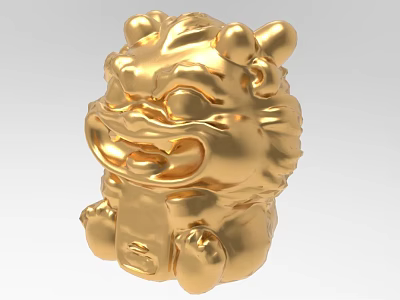 Golden Traditional Lion Decorative Figurine with Carved Mane Sitting Posture Home Ornament 3d model