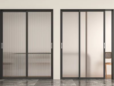 Modern Home Sliding Doors with Textured and Frosted Glass Black Frames Interior Design 3d model