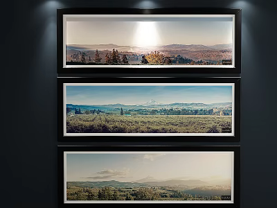 Three Framed Landscape Paintings With Mountain Field Tree And Sky Views For Interior Wall Decor 3d model