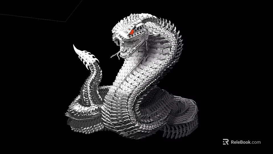 Silver Reptile Cobra With Red Eyes And Coiled Body On Black Background 3d model 