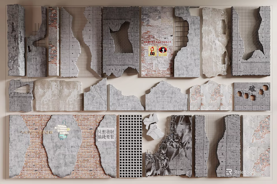 Diverse Architectural Elements With Textured Concrete Brick Stone And Patterned Panel Samples 3d model 