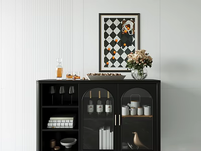 Modern Minimalist Sideboard With Glass Fronted Doors Wall Art And Fresh Flowers 3d model