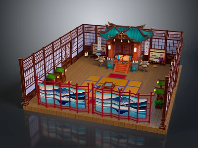 Traditional Asian Interior With Wooden Shoji Screens Tatami Mats And Wave Patterned Decor 3d model
