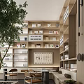 Hotel Public Lounge Area With Bookshelves Green Plant Sofa And Decorative Sign