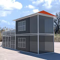 Two Story Container Building With Red Roof Balcony Railing Staircase And Large Windows