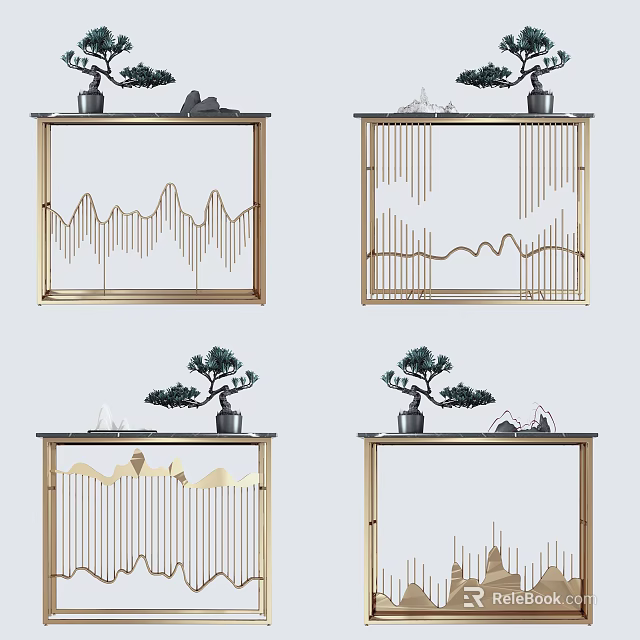 Modern Console Table Interior Decor With Golden Frame Mountain Pattern And Mini Pine Tree 3d model