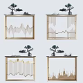 Modern Console Table Interior Decor With Golden Frame Mountain Pattern And Mini Pine Tree 3d model