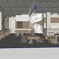 Modern Spacious Bookstore Interior With Wooden Bookshelves Tables Chairs Ceiling Lights And Large Windows