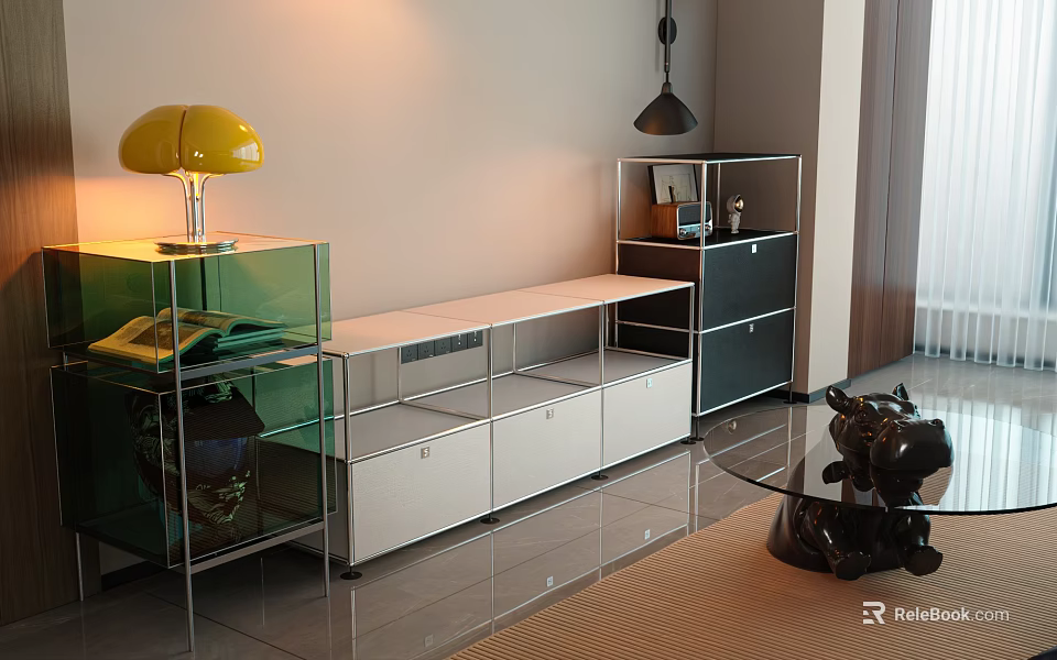 Modern TV Stand With White Drawers Open Shelves And Glass Front Design Elements 3d model 