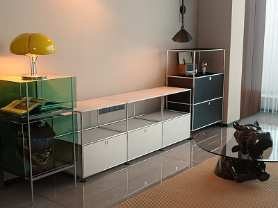 Modern TV Stand With White Drawers Open Shelves And Glass Front Design Elements 3d model