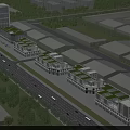 Modern Office Buildings With Green Roofs Surrounded By Trees Roads And Vehicles