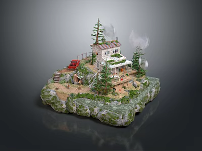 Miniature Scenic Landscape With Small House Red Car Pine Trees Mist And Rock Base 3d model