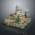 Miniature Scenic Landscape With Small House Red Car Pine Trees Mist And Rock Base