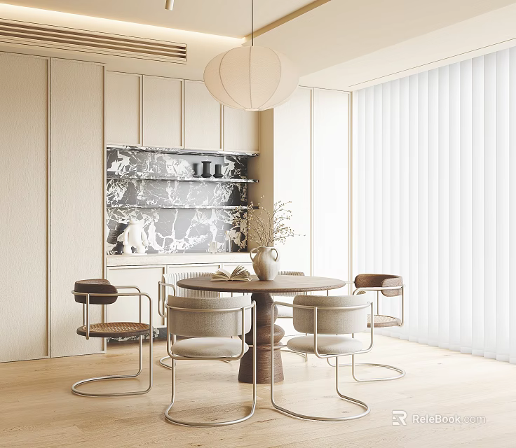 Elegant Modern Restaurant Interior With Marble Wall Round Dining Table And Pendant Light 3d model