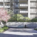 Modern High Rise Building Exterior with Vertical Grille Entrance Stone Path and Trees
