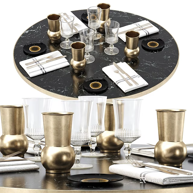 Elegant Black Round Dining Table Setup With Golden Vases Glassware And Napkins 3d model 