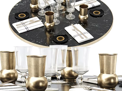 Elegant Black Round Dining Table Setup With Golden Vases Glassware And Napkins 3d model