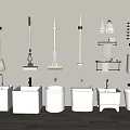 Bathroom Accessories Collection Featuring White Basins Wall Mounted Cleaning Tools And Towel Holders 3d model