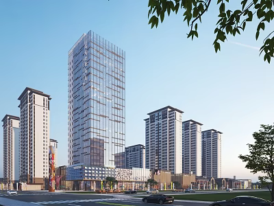 Modern Tall Residential Buildings With Glass Curtain Walls And Urban Street Greenery 3d model