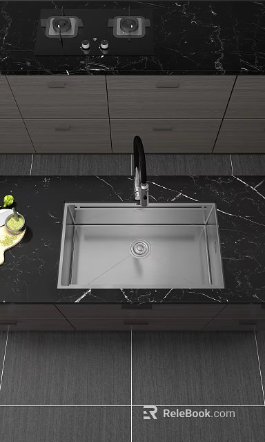 Stainless Steel Kitchen Sink With Modern Faucet On Black Marble Countertop 3d model 