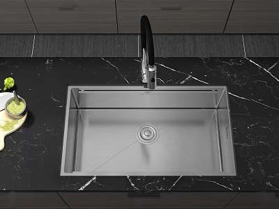 Stainless Steel Kitchen Sink With Modern Faucet On Black Marble Countertop 3d model