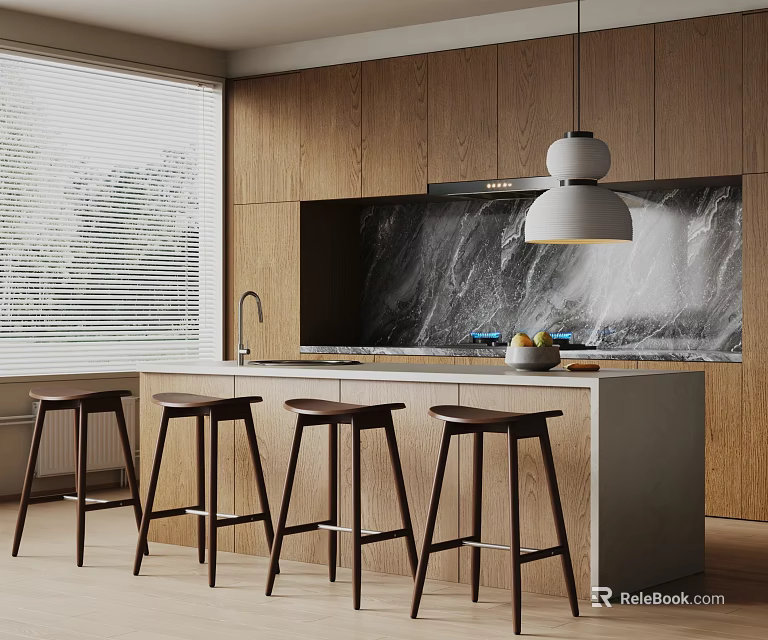 Modern Kitchen Interior With Bar Counter Wooden Cabinets Black Marble Backsplash And White Pendant Light 3d model 
