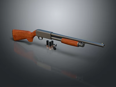 Classic Hunting Shotgun With Wooden Stock Silver Barrel And Ammunition Shells 3d model