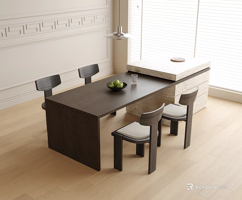 Dark Wooden Dining Table With Chairs Light Cushions Fruit Bowl Glass Window And Decorative Wall 3d model 