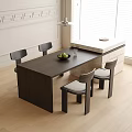 Dark Wooden Dining Table With Chairs Light Cushions Fruit Bowl Glass Window And Decorative Wall