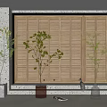 Bonsai Potted Plants On Decorative Countertop With Wooden Shutter Background And Fresh Green Leaves