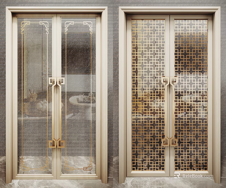 Elegant Modern Double Doors With Glass Panels And Gold Patterned Accents 3d model 