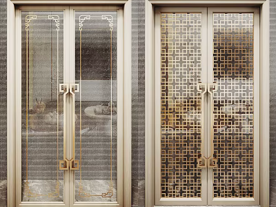 Elegant Modern Double Doors With Glass Panels And Gold Patterned Accents 3d model